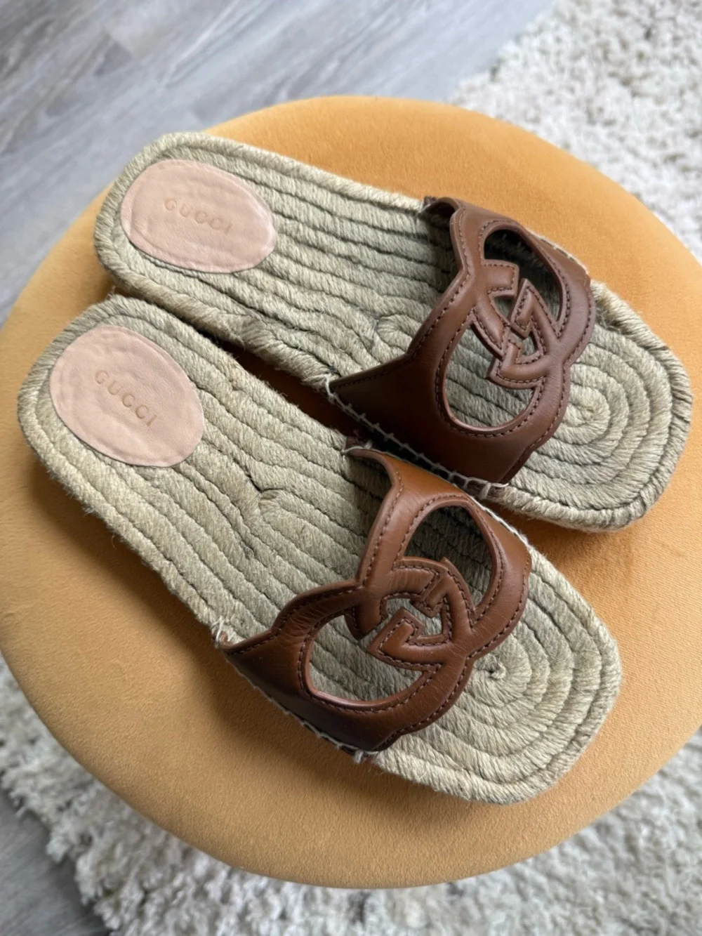Gucci Brown Leather Interlocking G Espadrille Slide Sandals - Picture 3 of 7